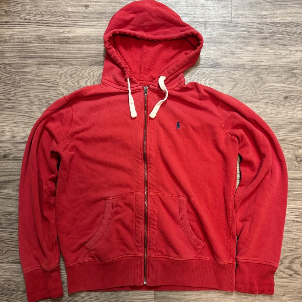 Polo Ralph Lauren Mens Red Full Zip Hoodie Blue Pony Logo Fleece L